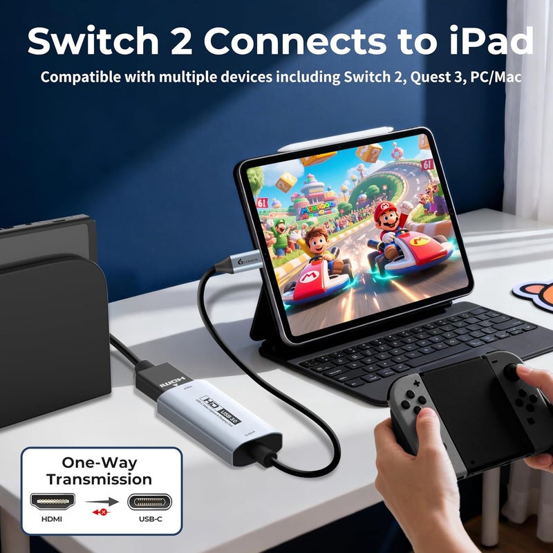 Guermok 4K USB3.0 Video Capture Card with PD 100W, 2K@30FPS or 1080P@60FPS HDMI to USB-A/C Capture Card for Streaming, Works with iPad Quest 3, MacOS, Switch2/1 PS5/4, Xbox, Camera, Silver - Image 5